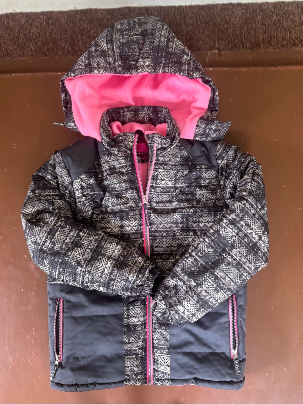 Girls Pink Platinum Black & Pink Hooded Puffer Jacket - 14/16